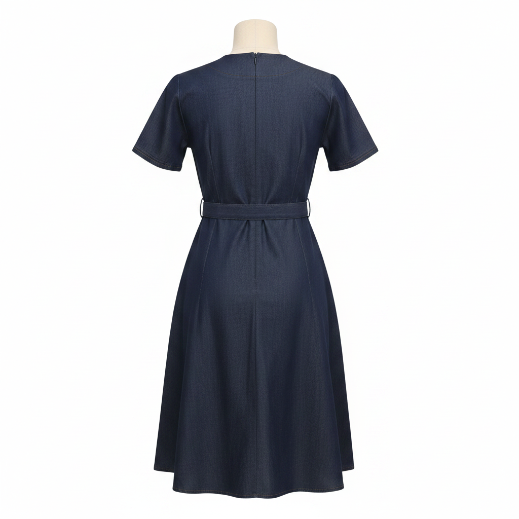 Navy Blue Denim Midi Dress - Ghost Mannequin Back