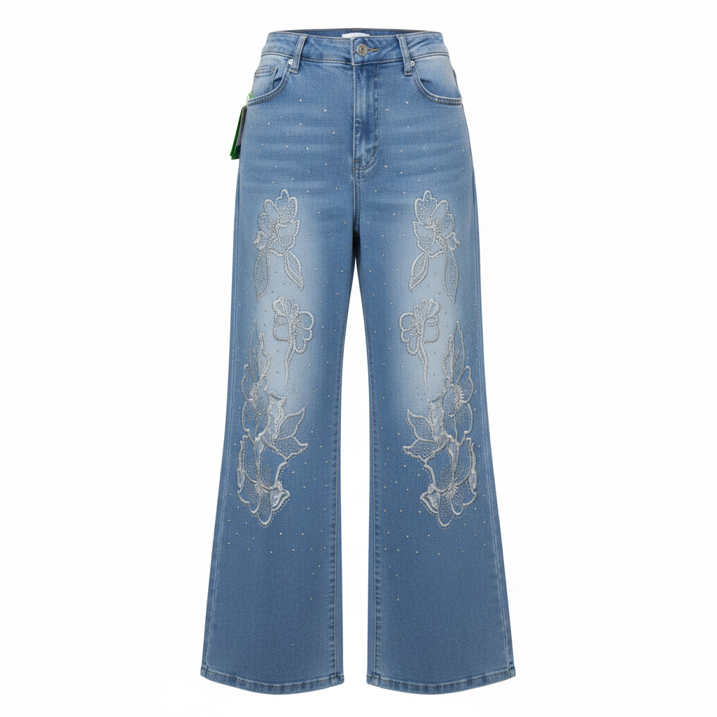 Light Blue Rhinestone Floral Wide-Leg Denim Jeans - Ghost Mannequin Front