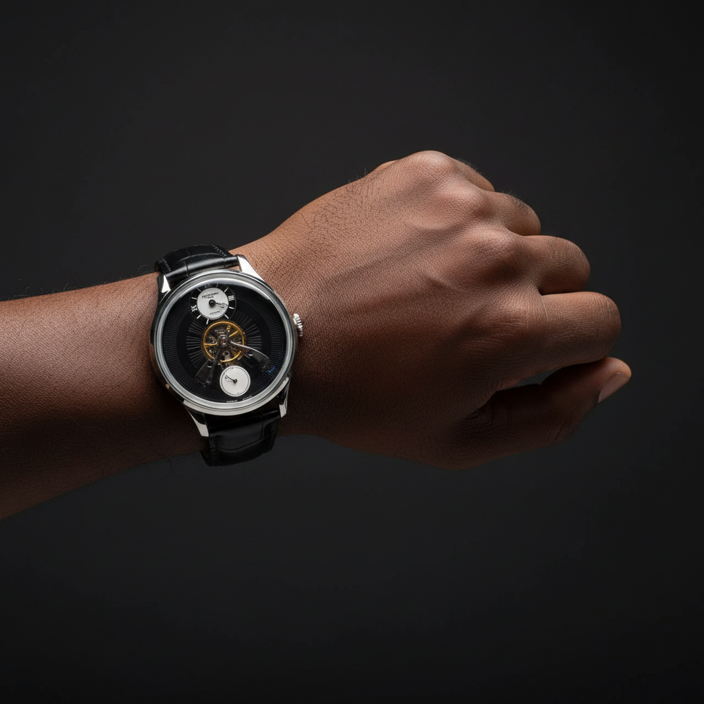 Nigerian male model wrist-only shot wearing black skeleton automatic watch