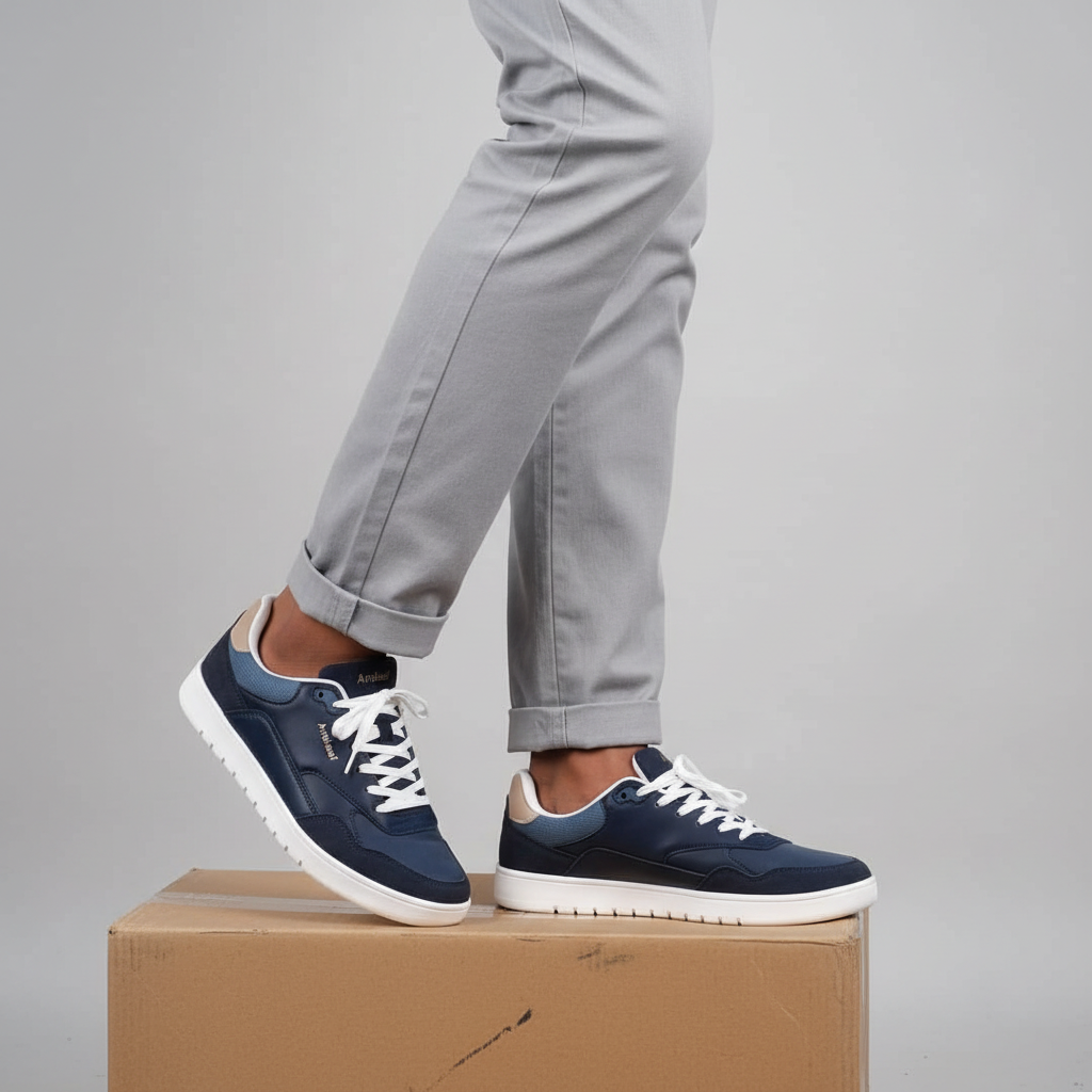 Men's navy blue court sneakers Nigerian male model leg shot