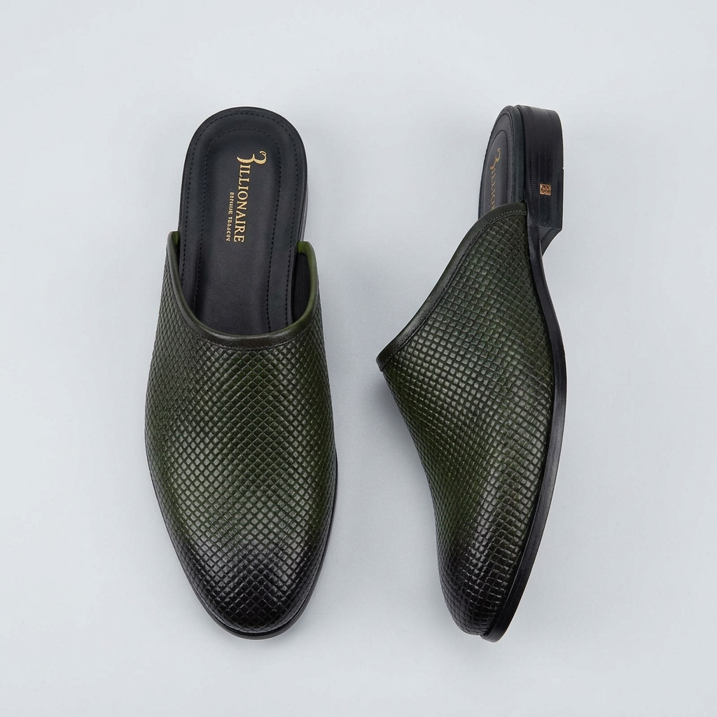 Men's dark green woven-texture backless mules, product-only pair