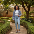 Women's grey blue tie-dye oversized long-sleeve button-down shirt - model shot