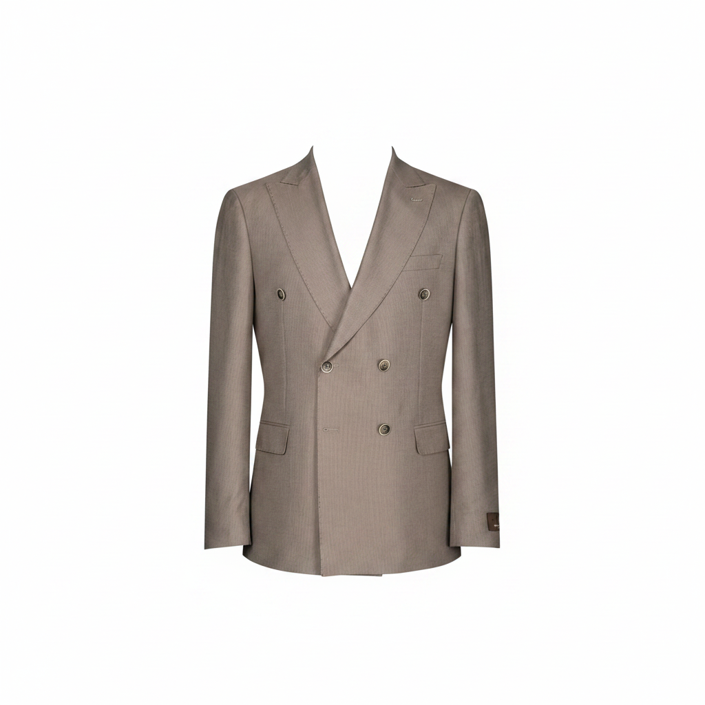 Khaki double-breasted suit jacket — ghost mannequin view