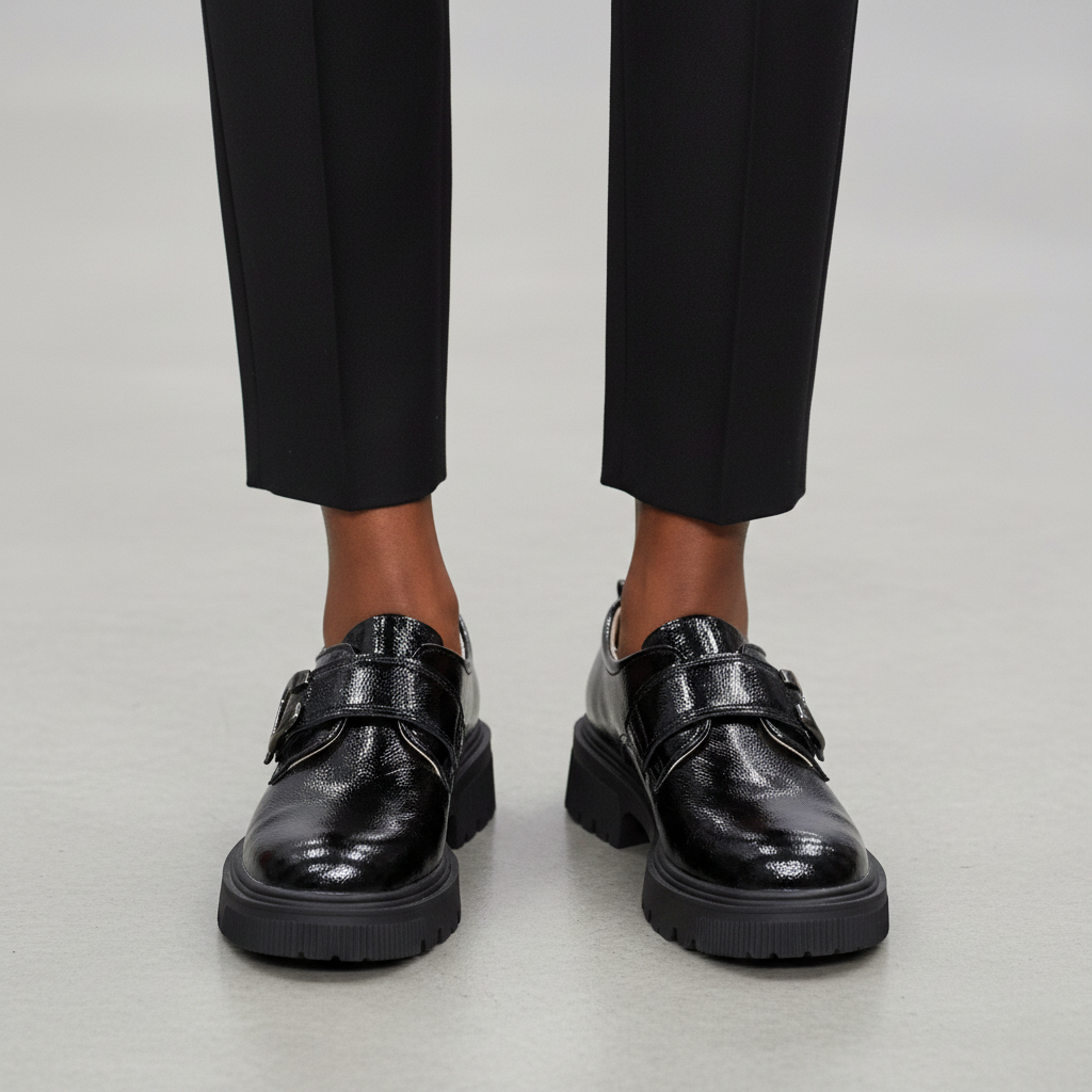 Girls' Black Patent Double Buckle Chunky Platform Loafer - Model Editorial Leg Zoom