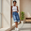 Medium Blue Wide-Leg Cuffed Denim Shorts - Model Shot