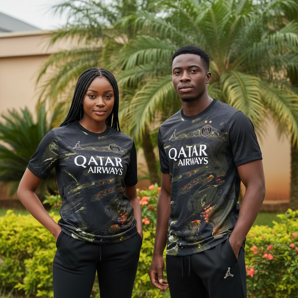 Nigerian female and male models wearing black molten lava art football jersey