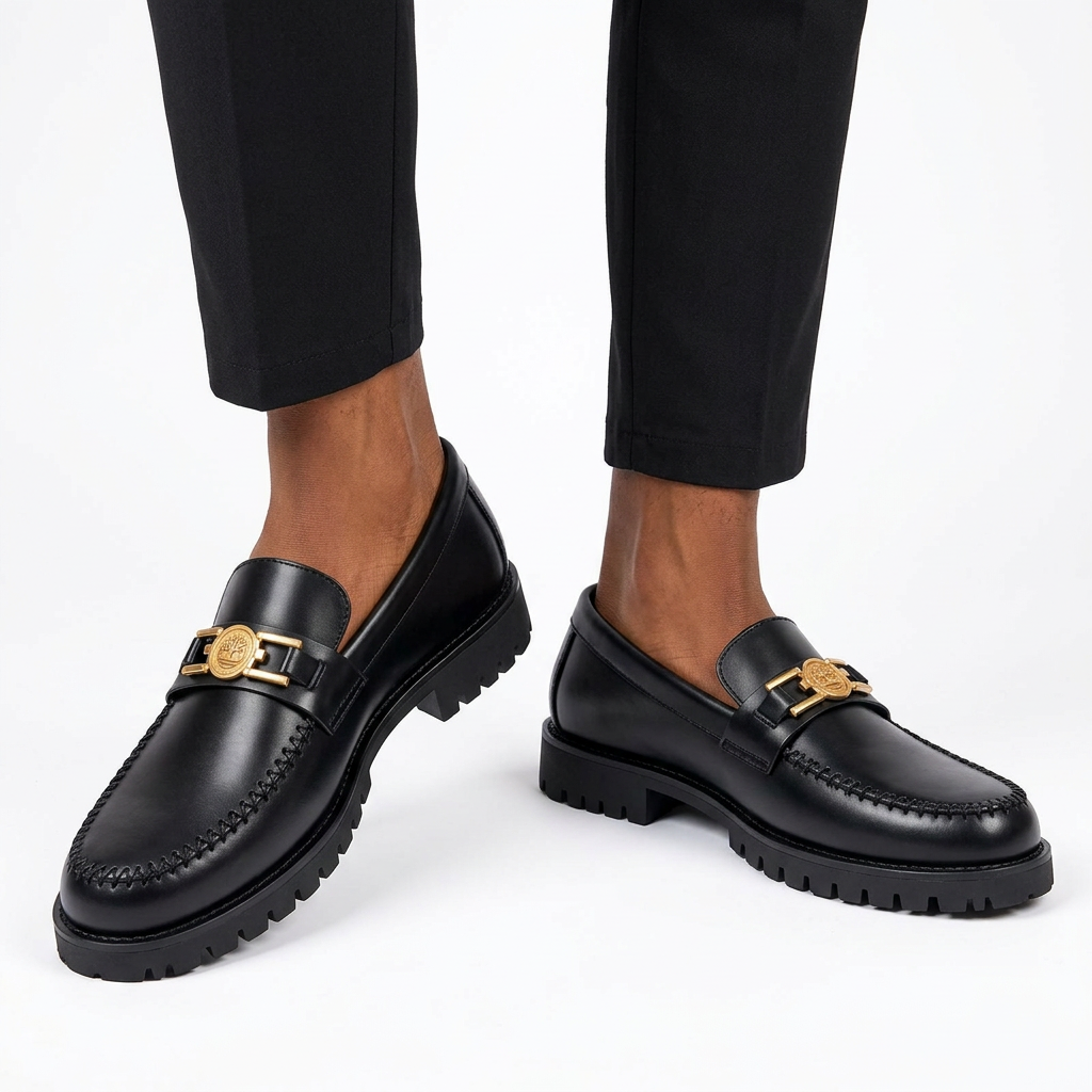 Male model wearing black gold-medallion whipstitch lug loafers, both shoes visible on white
