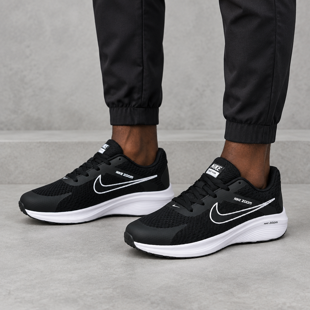 Black mesh running sneakers worn by a model, shown from the legs down