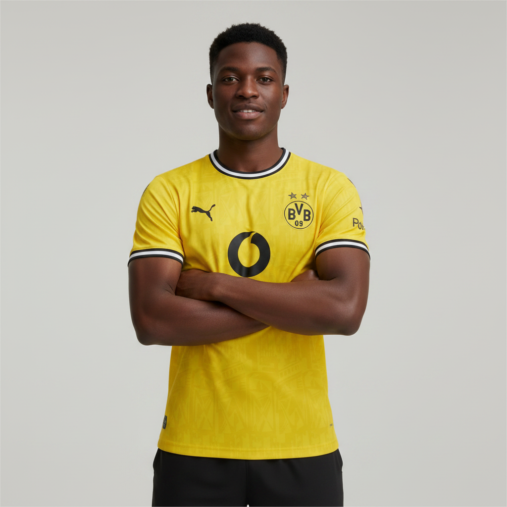 Nigerian male model wearing Borussia Dortmund yellow jersey