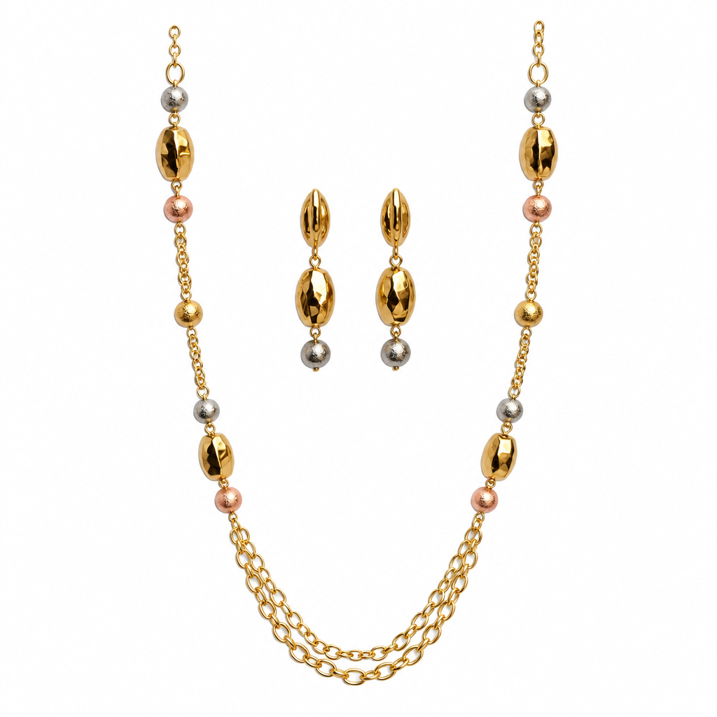 Tri-tone gold bead layered necklace and earring set