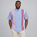 Nigerian male model wearing blue and red patchwork short-sleeve shirt