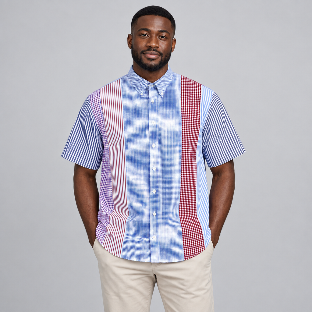 Nigerian male model wearing blue and red patchwork short-sleeve shirt