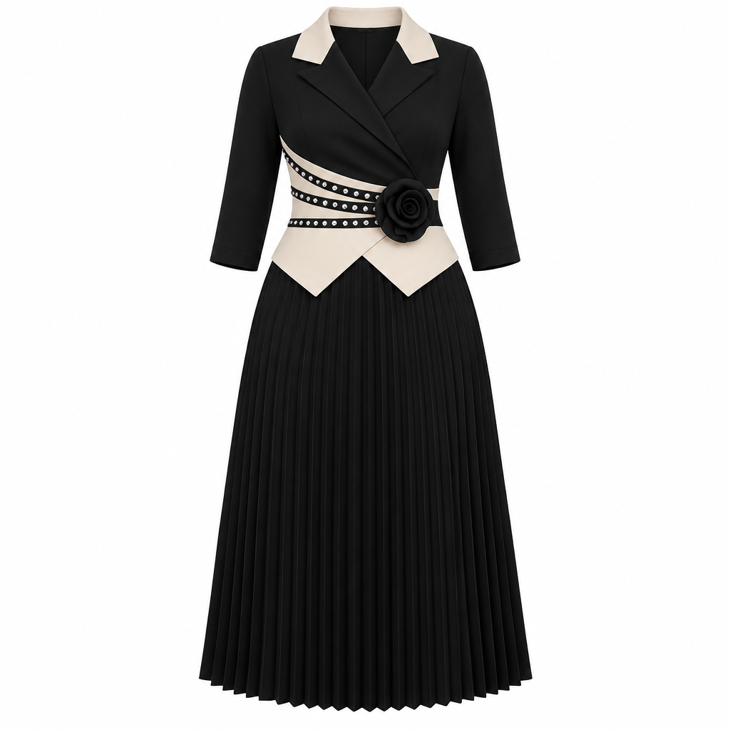 Black contrast-collar pleated occasion dress on white background