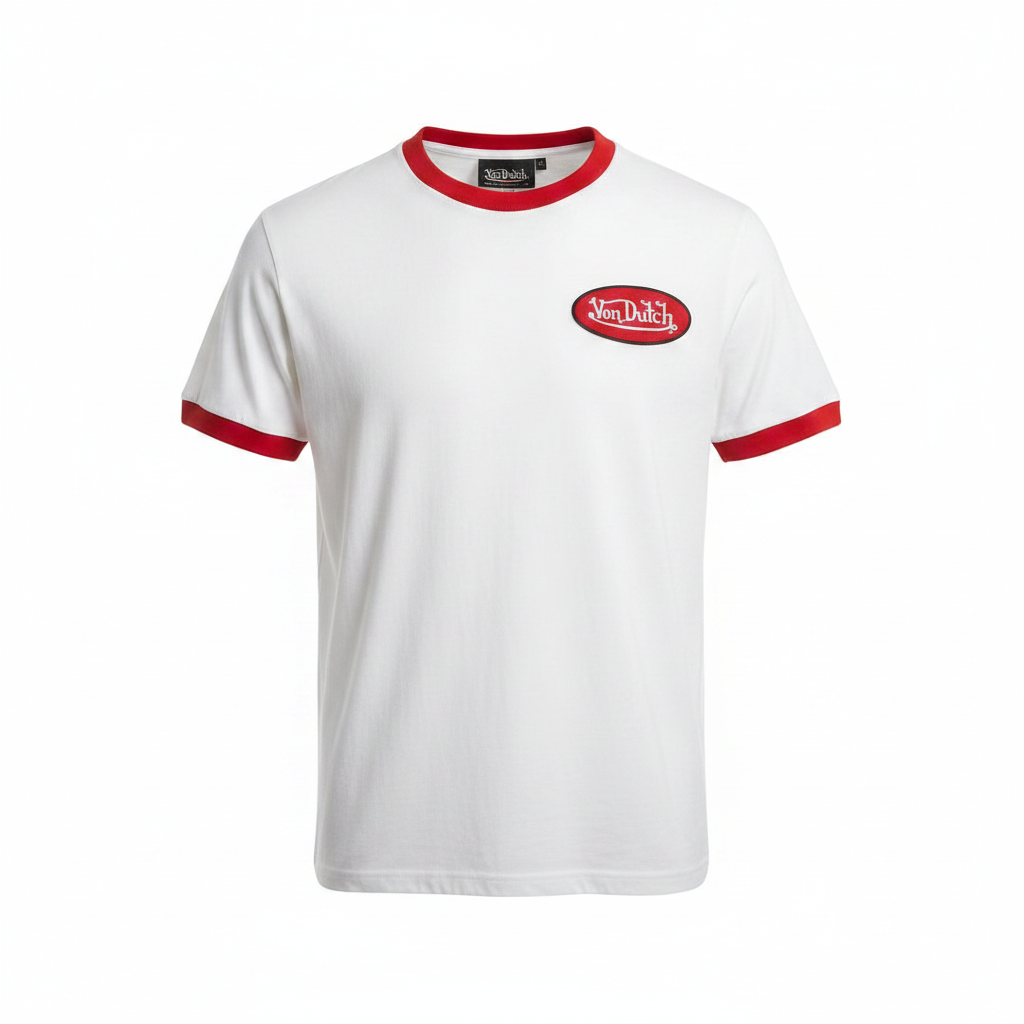 Men's White Red Trim Ringer T-Shirt – Ghost Mannequin Front View