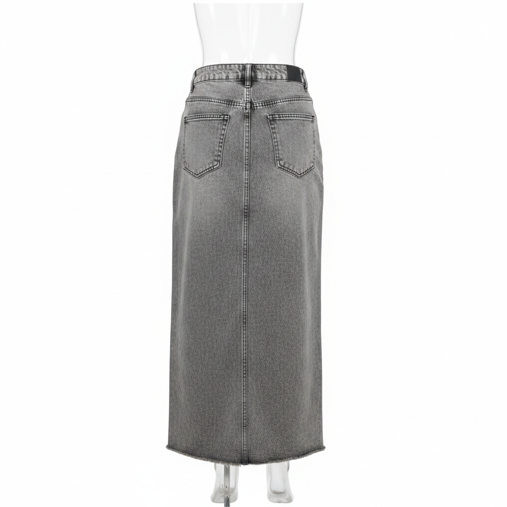 Grey Acid-Wash High-Rise Maxi Denim Skirt - Ghost Mannequin Back
