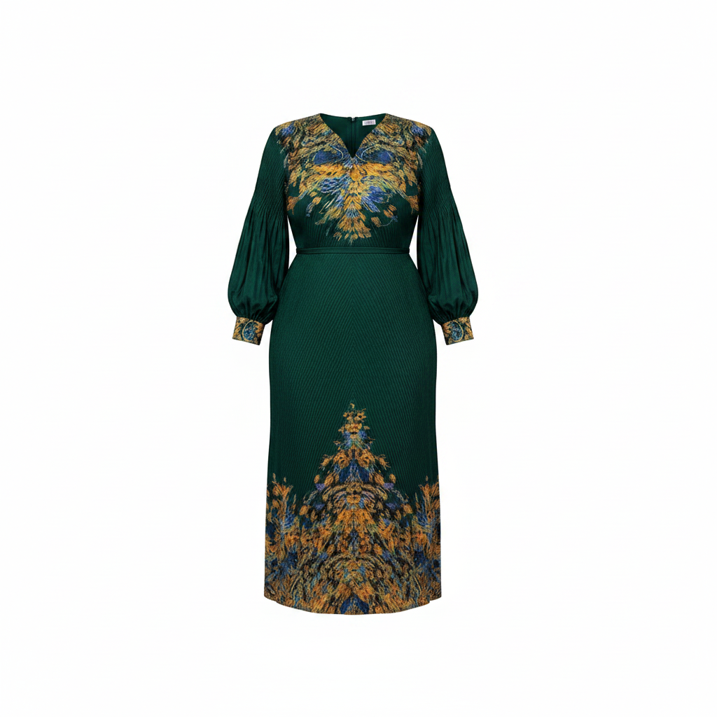 Women's Emerald Green Floral Print Bishop Sleeve Midi Gown - Ghost Mannequin Front
