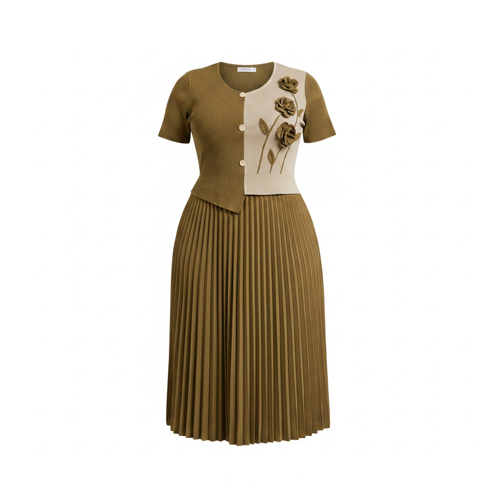 Women's Olive Green 3D Rose Applique Ribbed Knit Pleated Midi Gown - Ghost Mannequin Front