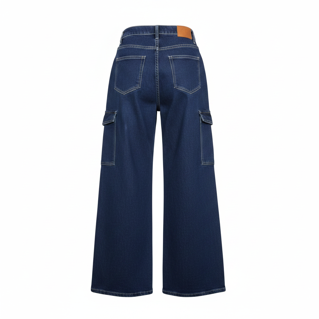 Navy Blue Cargo Wide-Leg Jeans with Floral Knee Embroidery - Ghost Mannequin Back