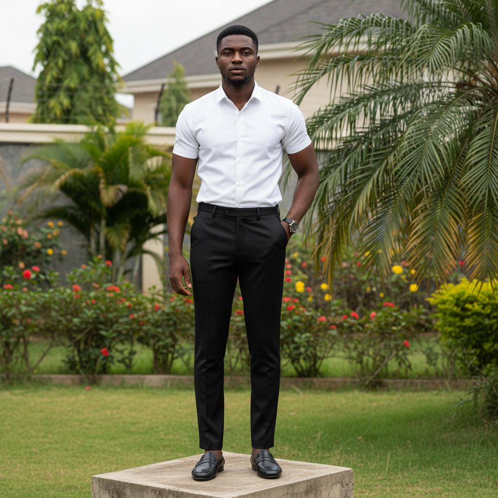 Nigerian male model wearing black slim-fit dress trousers with side adjusters