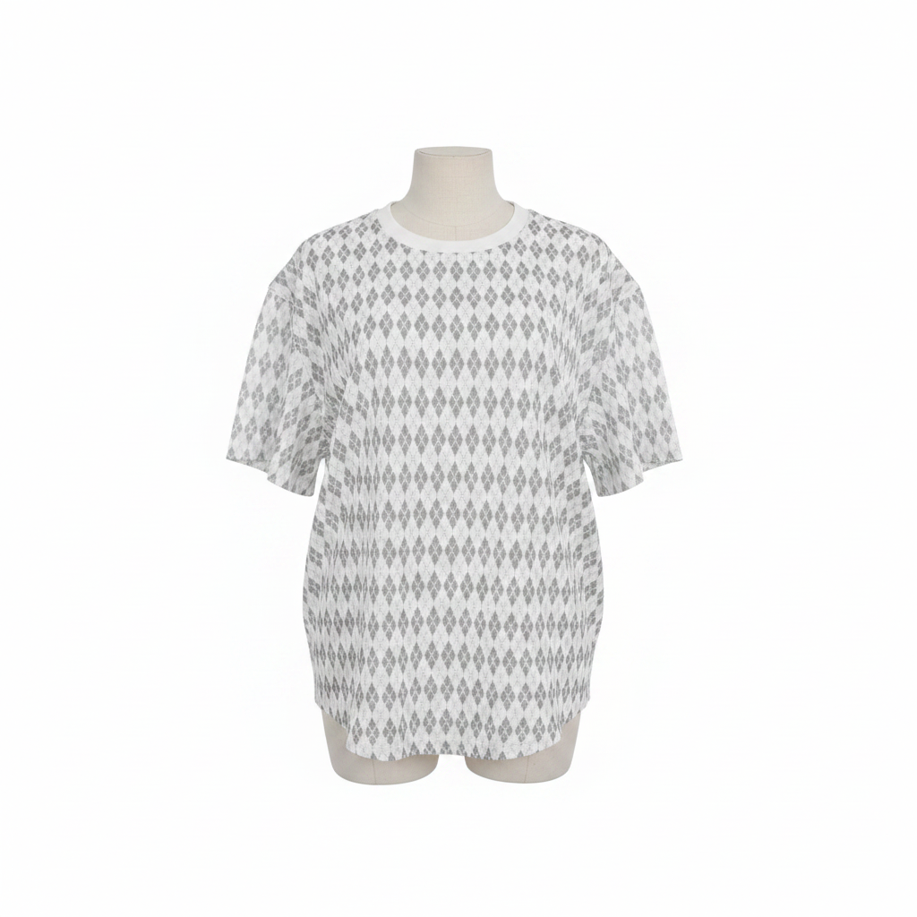 White Grey Argyle Print Short-Sleeve Top - Ghost Mannequin Front View