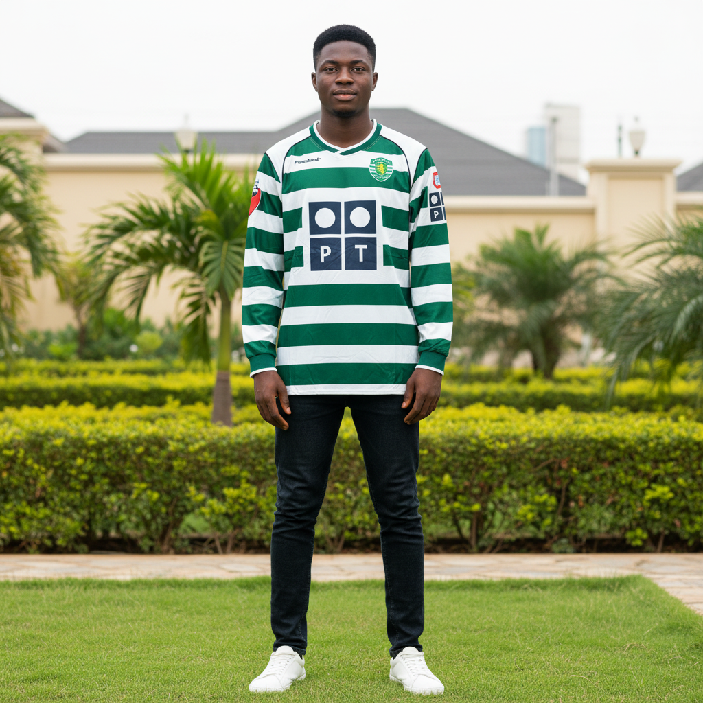 Green and white hooped long-sleeve retro football jersey — Nigerian male model front view