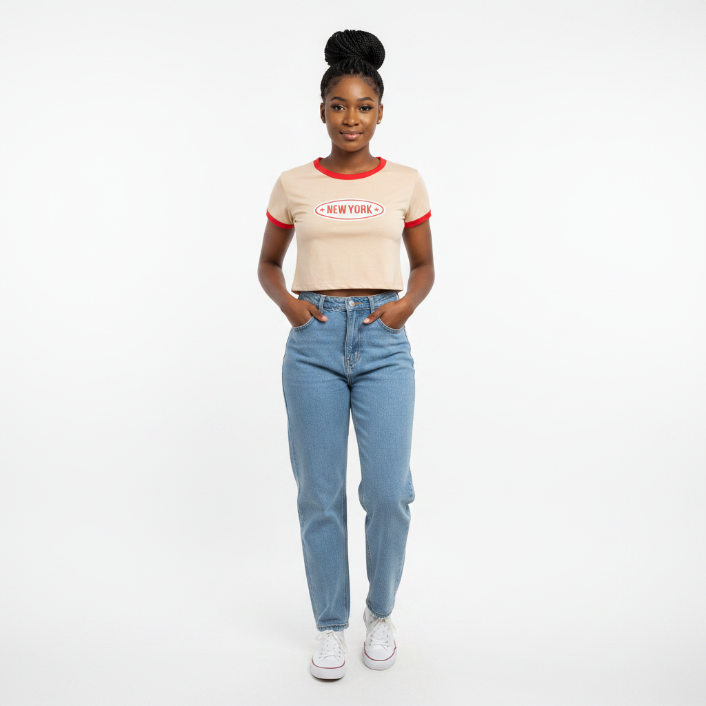 Patpron Cream New York Retro Ringer Crop Tee – Model Shot