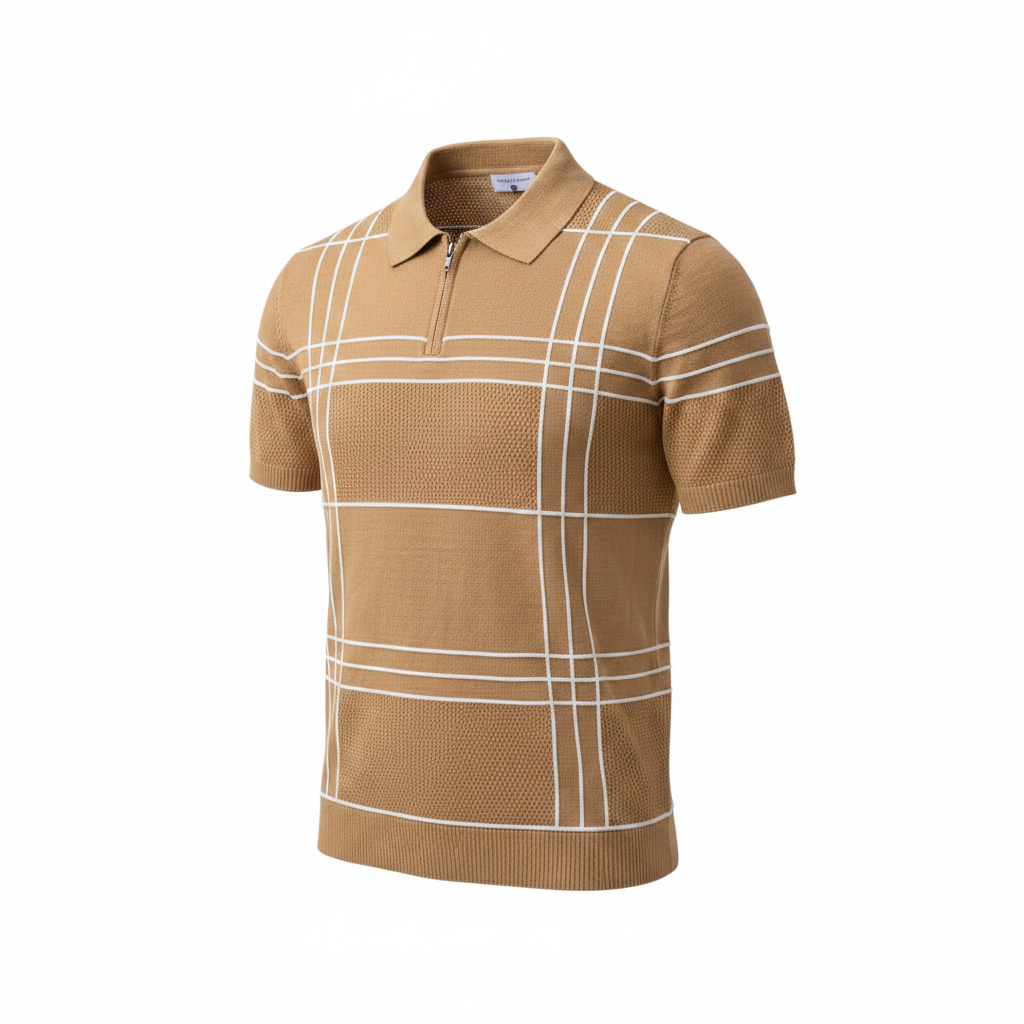 Beige white pinstripe mesh knit quarter-zip polo ghost mannequin front view