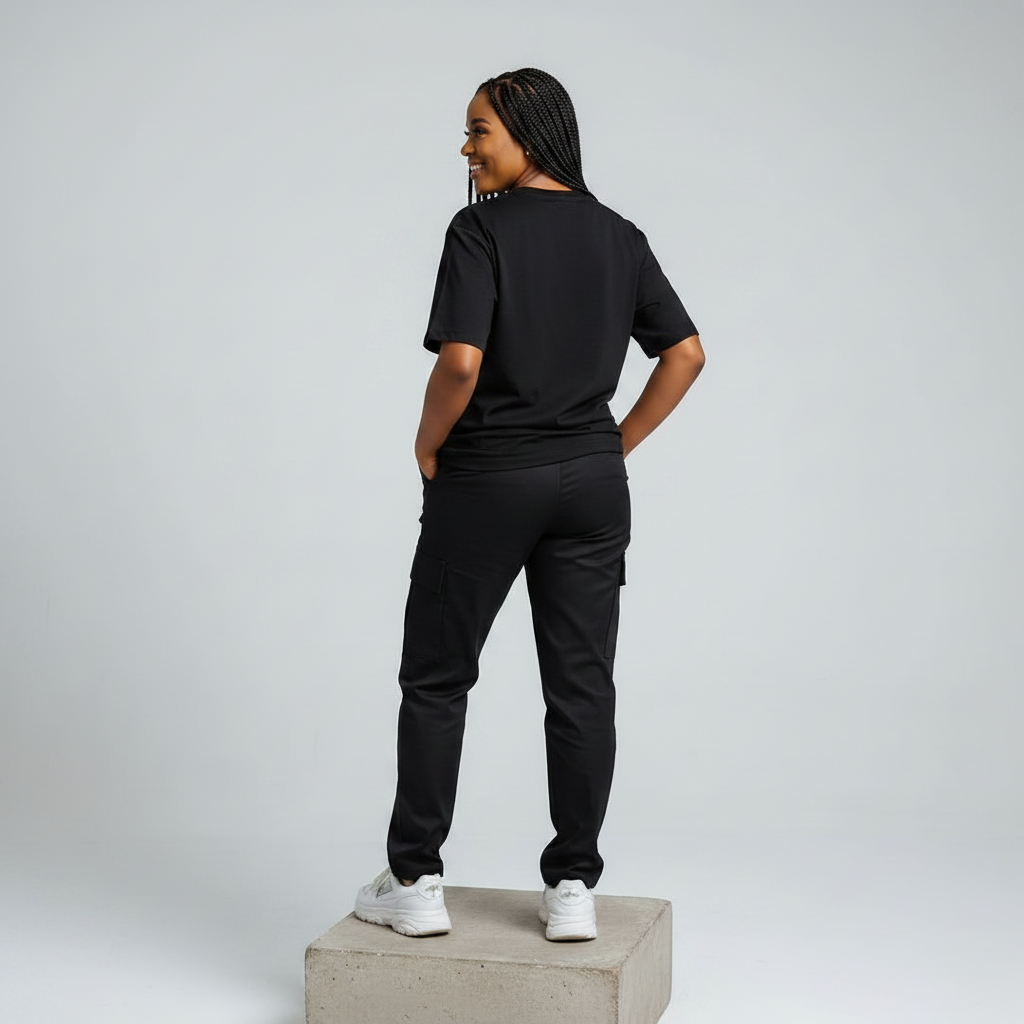 Nigerian female model back view wearing plain black T-shirt - consistent model