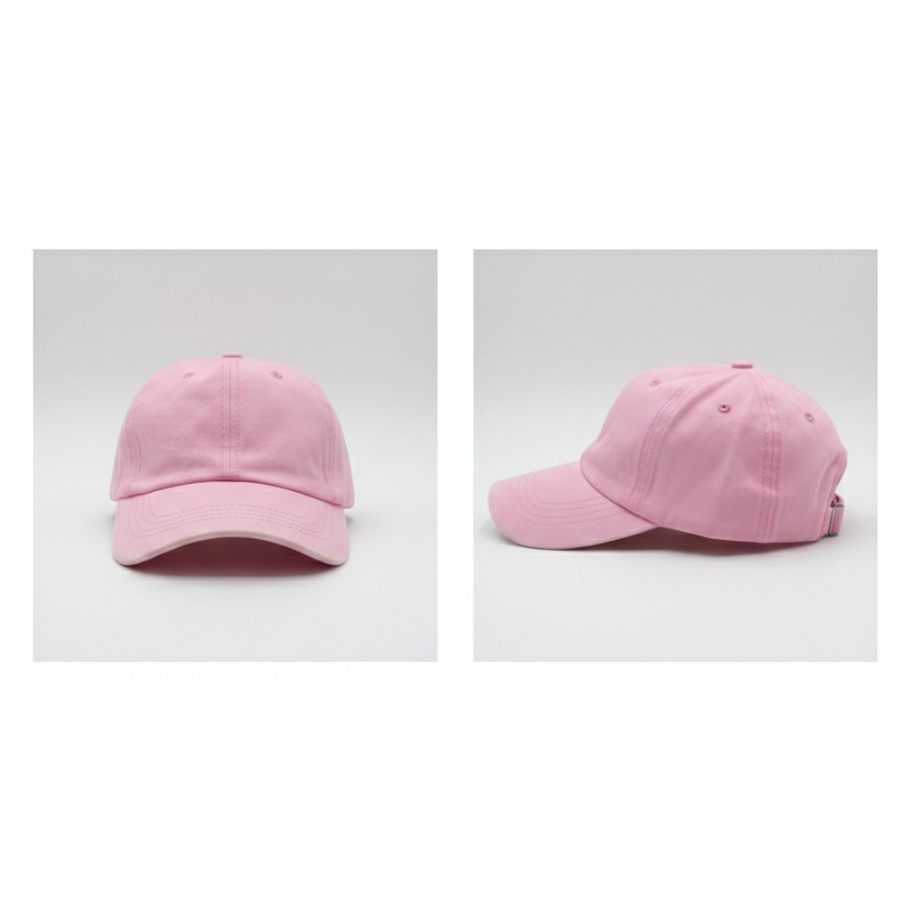Alan Walker signature light pink baseball cap – ghost mannequin front and side view