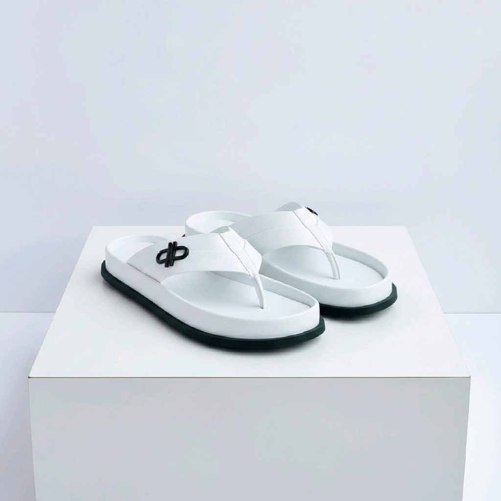 Men's white leather black emblem thong sandals pair on white platform