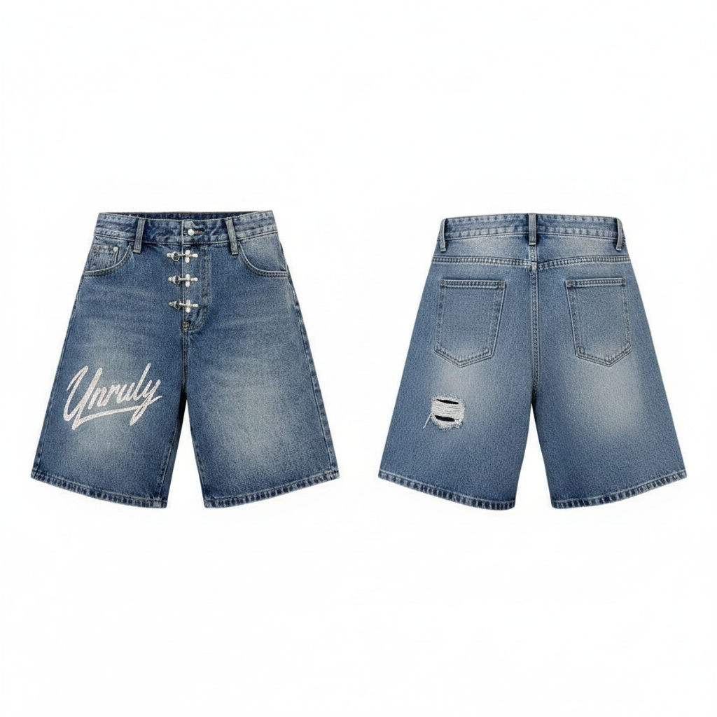 Men's light blue cursive script clasp hardware distressed denim shorts ghost mannequin front and back view