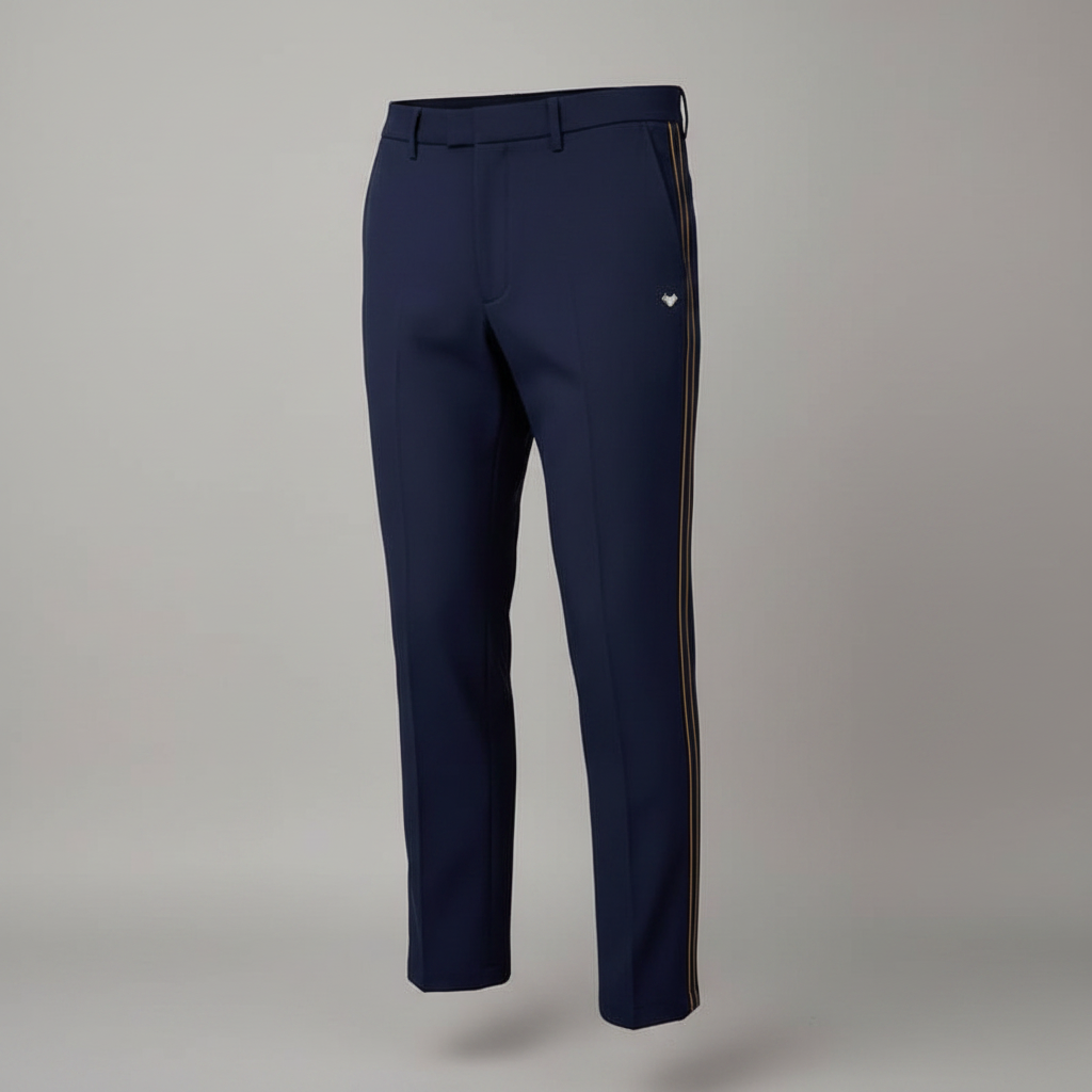 Chukmore Navy Slim Trousers with Double Yellow Piping - Ghost Mannequin