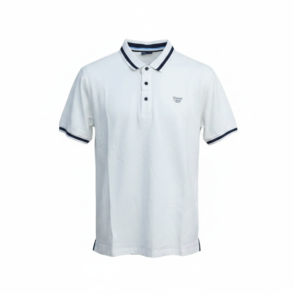 Men's white polo shirt with navy tipped collar and cuffs, ghost mannequin front view