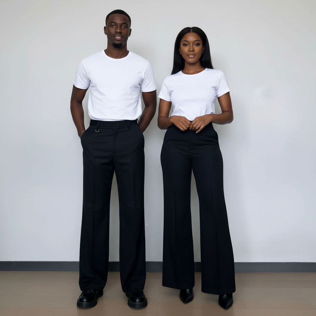 Male and female models wearing black wide-leg palazzo trousers