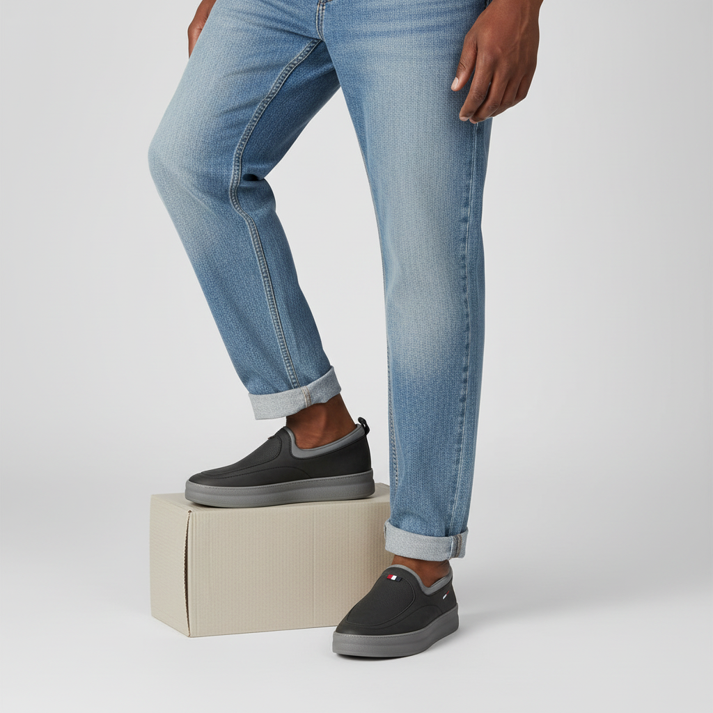 Nigerian male model wearing men's slip-on sneakers, both feet visible
