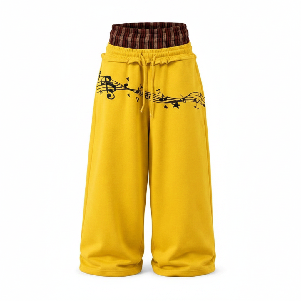 Men's Yellow Music Note Print Wide-Leg Sweatpants – Ghost Mannequin Front View
