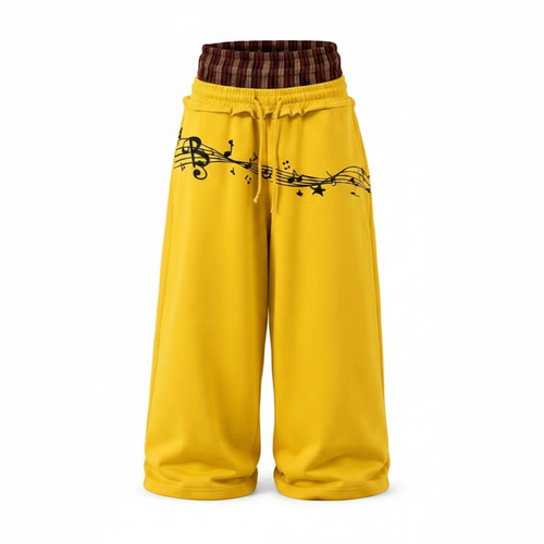 Men's Yellow Music Note Print Wide-Leg Sweatpants – Ghost Mannequin Front View