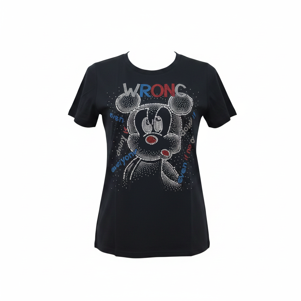 Women's black rhinestone crystal cartoon mouse face graphic crew neck tee - ghost mannequin front view