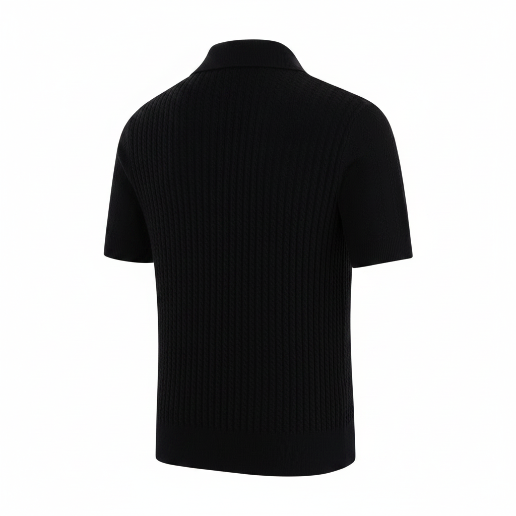 Black Ribbed Polo Silver Coin Buttons - Ghost Mannequin Back