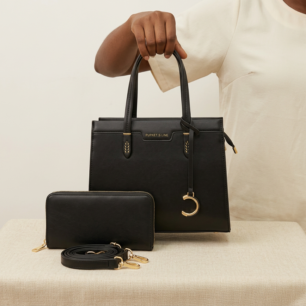 Hand holding a women’s black structured tote bag with matching wallet and detachable strap