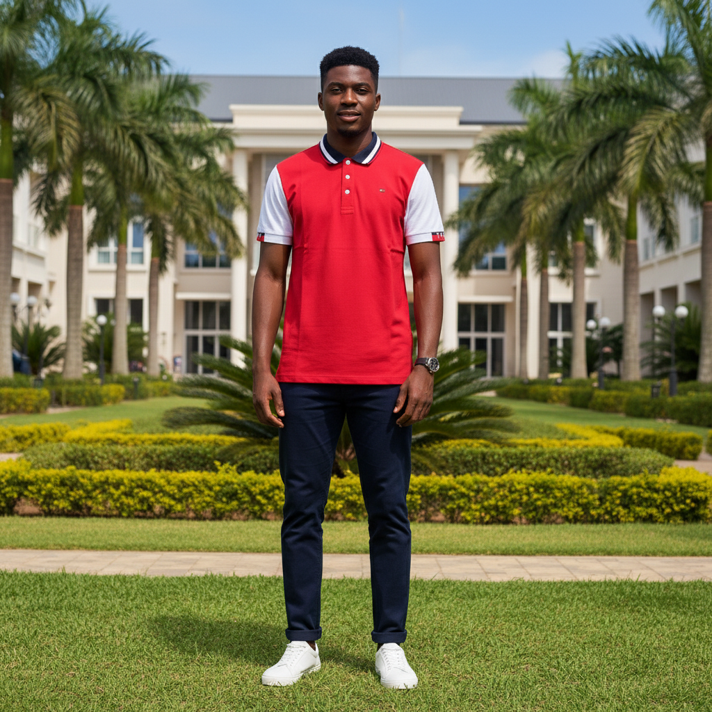 Nigerian male model wearing red and white colour block short sleeve polo shirt