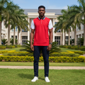 Nigerian male model wearing red and white colour block short sleeve polo shirt