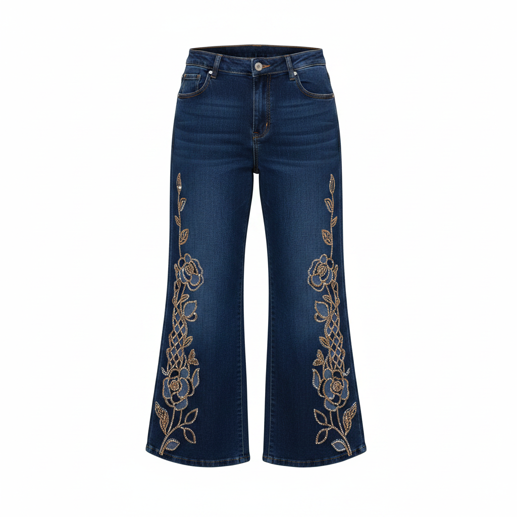 Women's Dark Navy Rhinestone Floral Wide-Leg Denim Jeans – Ghost Mannequin