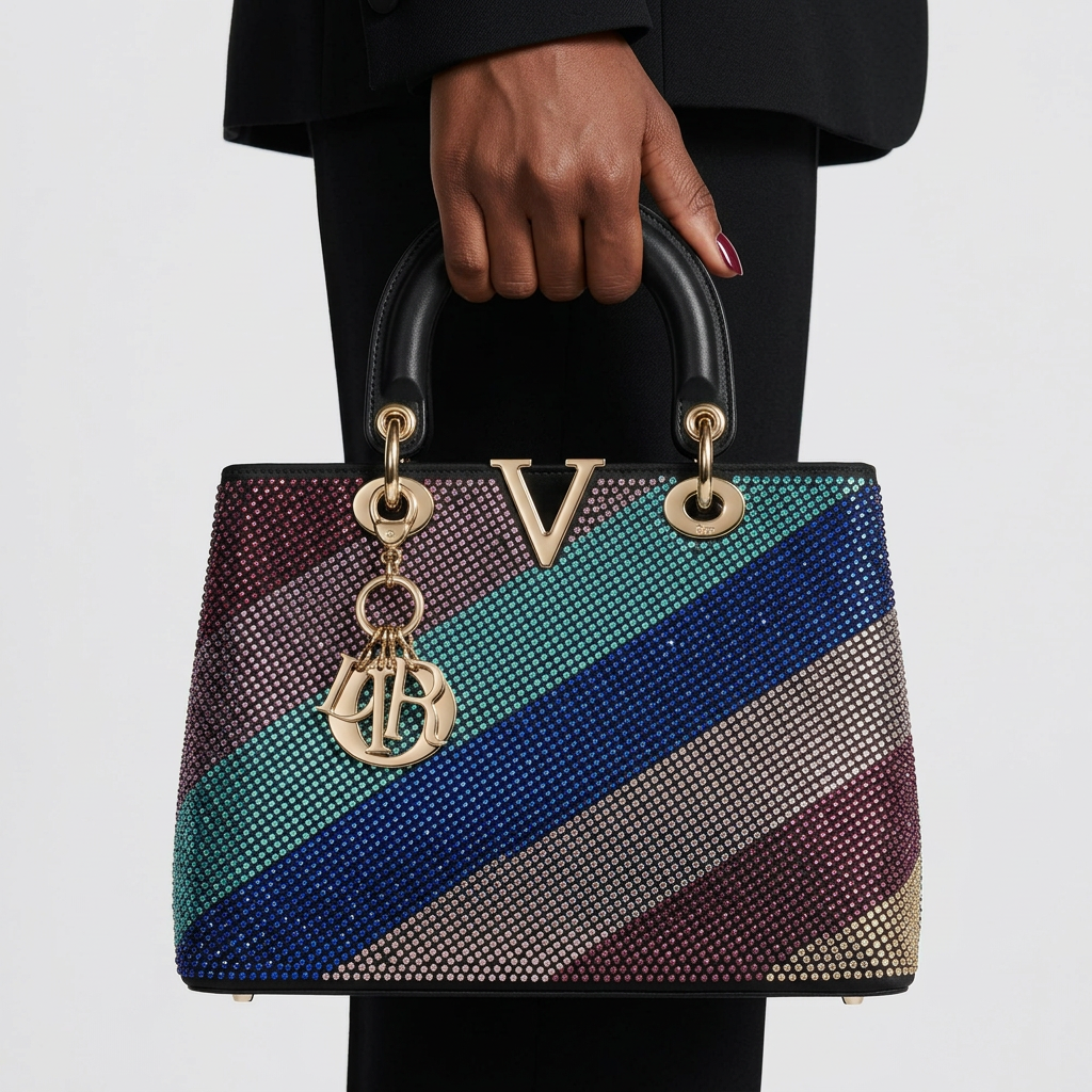 Manicured Black woman's hand holding multicolour embellished top-handle bag