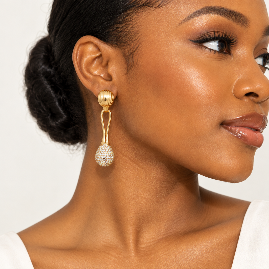 Gold Ribbed Dome Crystal Teardrop Drop Earrings – Model Shot