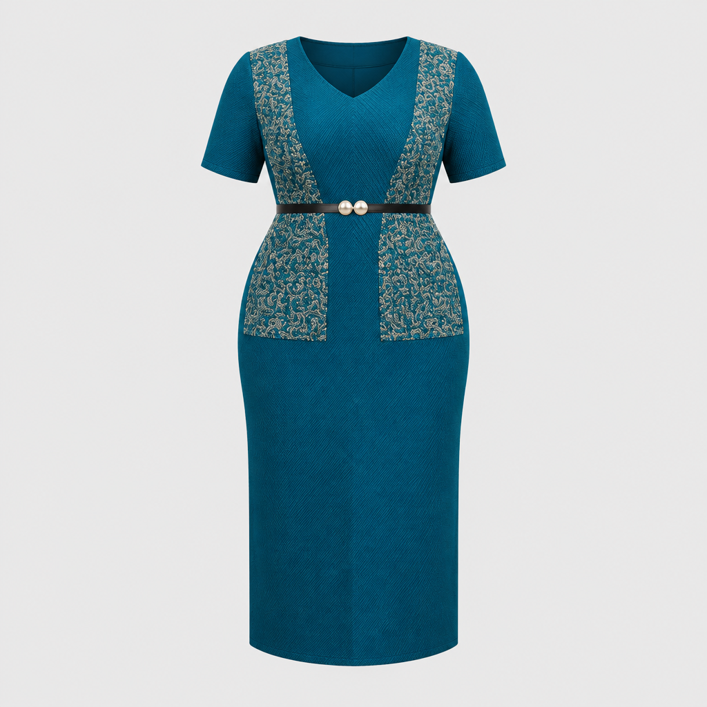 Teal blue patterned panel midi dress