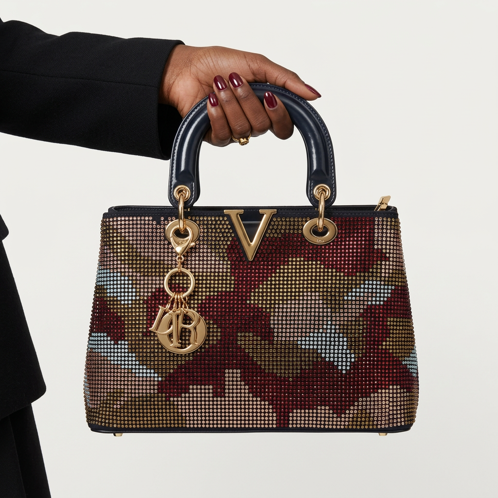 Burgundy geometric studded handbag held by a Black woman's hand with burgundy-painted nails