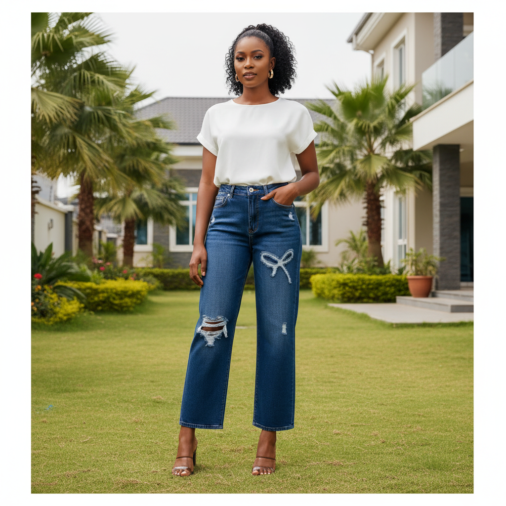 Front view - Dark Blue Bow Distressed Wide-Leg Jeans