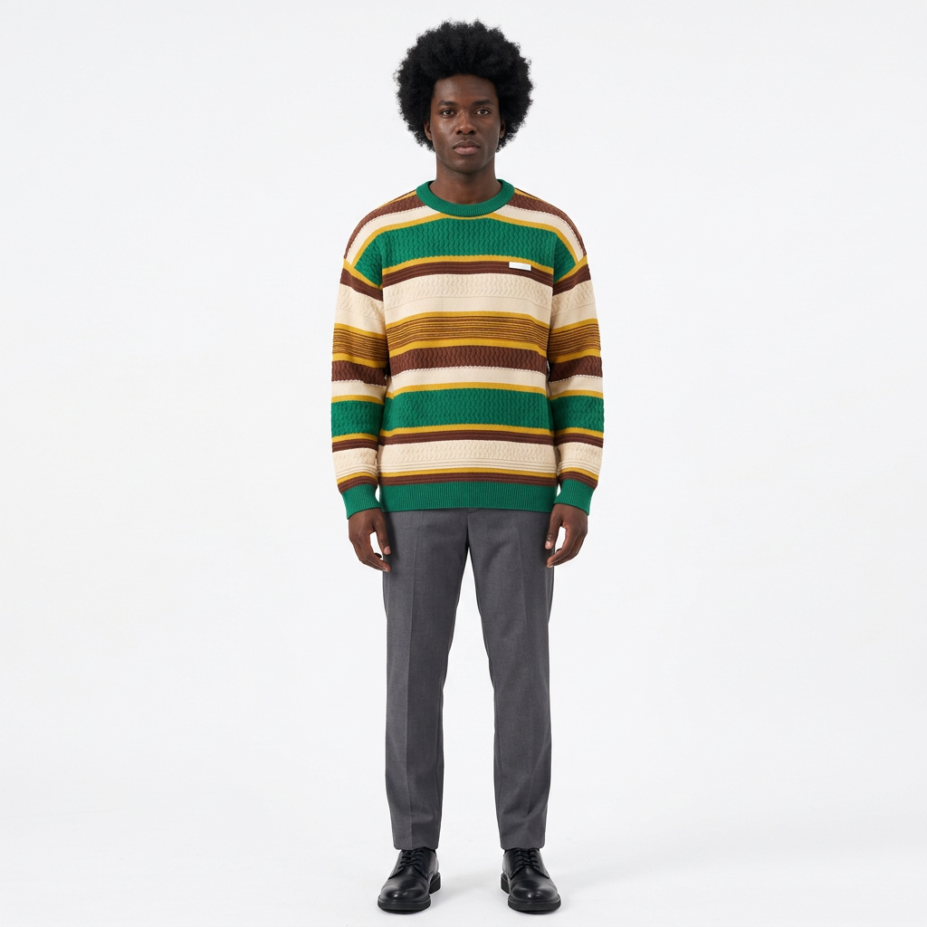 Full-body male model wearing a green brown and cream striped knit sweater