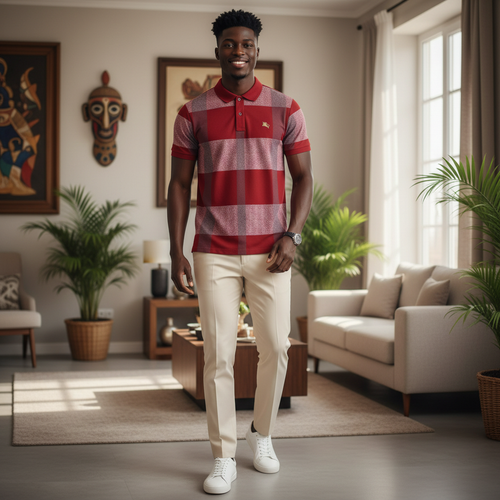 Nigerian male model wearing men's red and grey check polo shirt